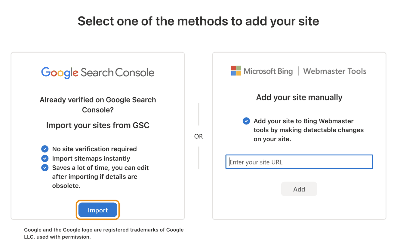 Bing screen titled Select one of the methods to add your site. Import your sites from GSC is on the left, with its Import button highlighted. Add your site manually is on the right, with a box for your site address and an Add button.