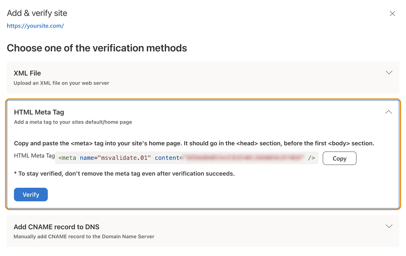 Bing's Add & verify site panel for https://yoursite.com. XML File is collapsed at the top. HTML Meta Tag is open and highlighted, showing an msvalidate.01 meta tag with a Copy button, and a Verify button. The code itself is blurred.