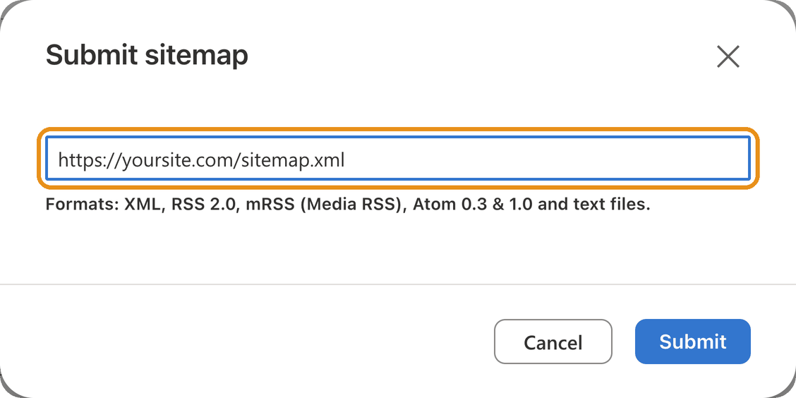 Bing's Submit sitemap box with https://yoursite.com/sitemap.xml typed into the highlighted field, and Cancel and Submit buttons below it.
