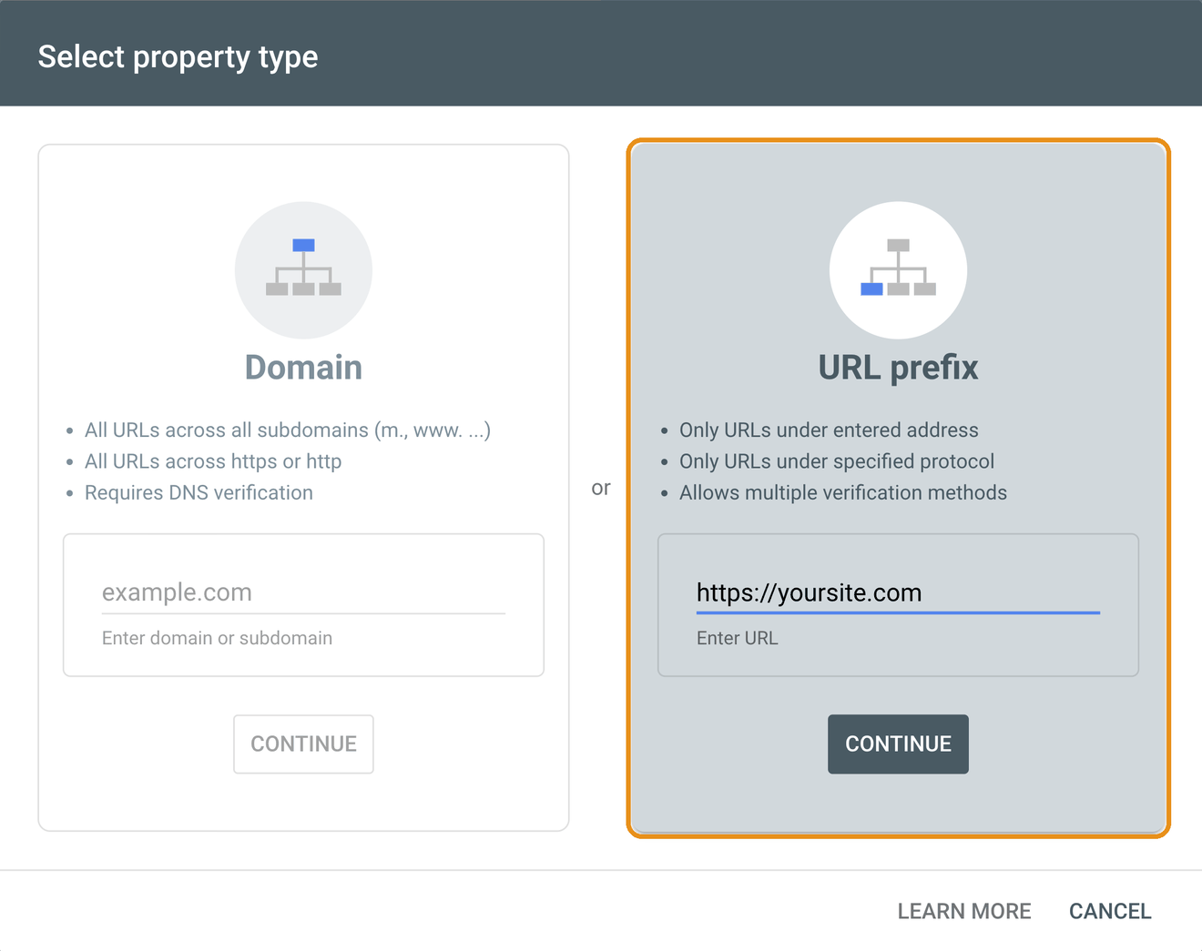 The Select property type box. Domain is on the left. URL prefix, on the right, is highlighted, with https://yoursite.com typed in and a Continue button below it.