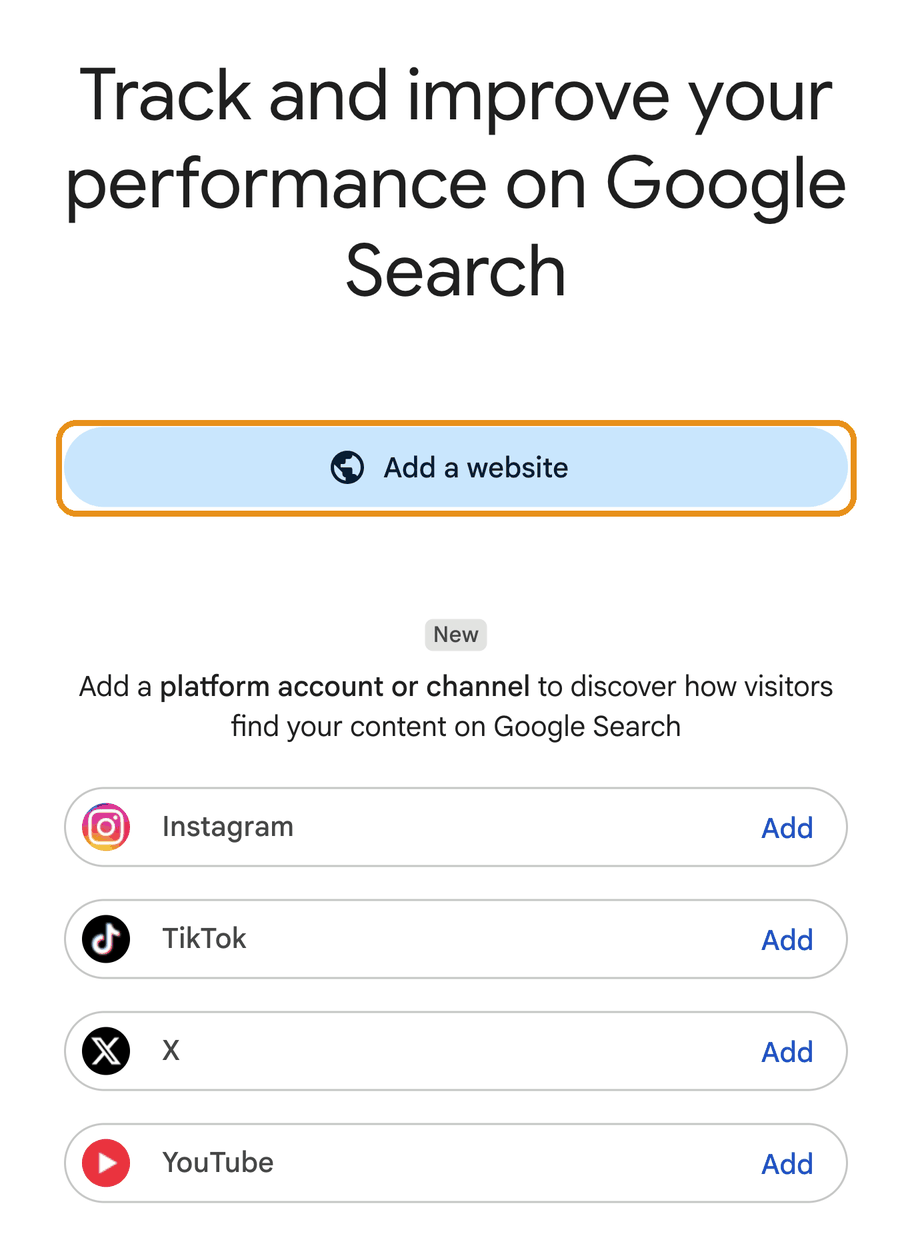 Search Console welcome screen with the Add a website button highlighted. Instagram, TikTok, X, and YouTube options are listed below it.