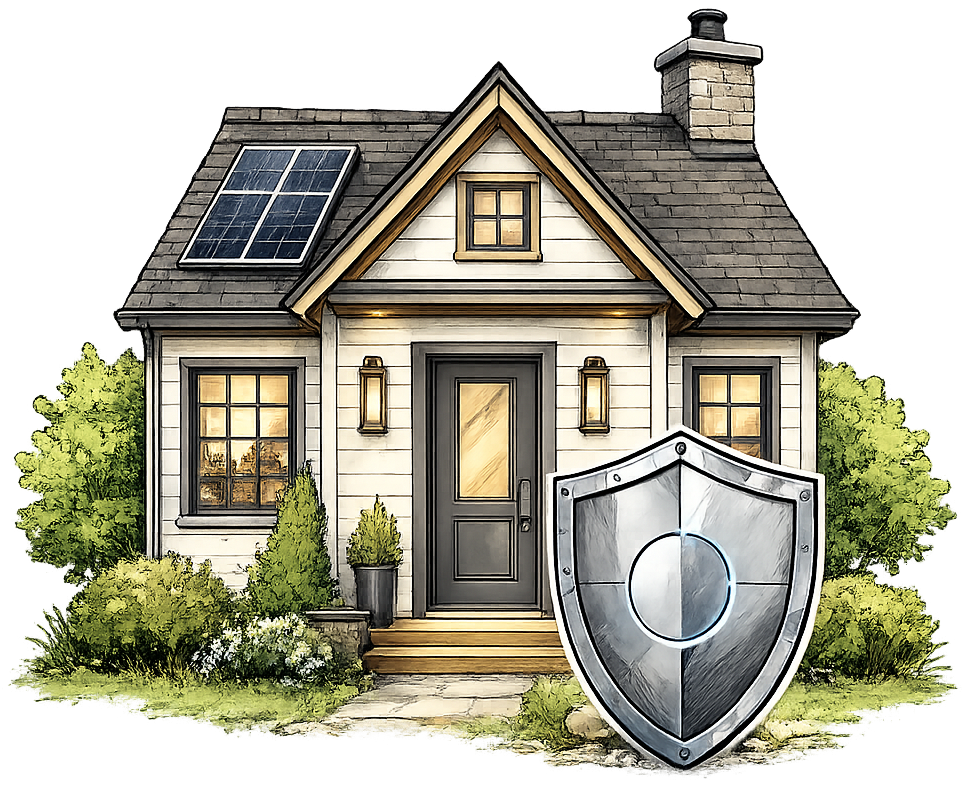 Cottage with shield and solar panel illustration representing Priority Care website protection