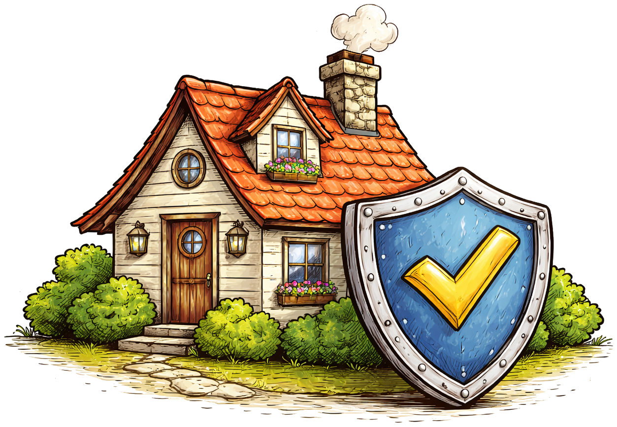 Cottage with a protective shield representing secure hosting