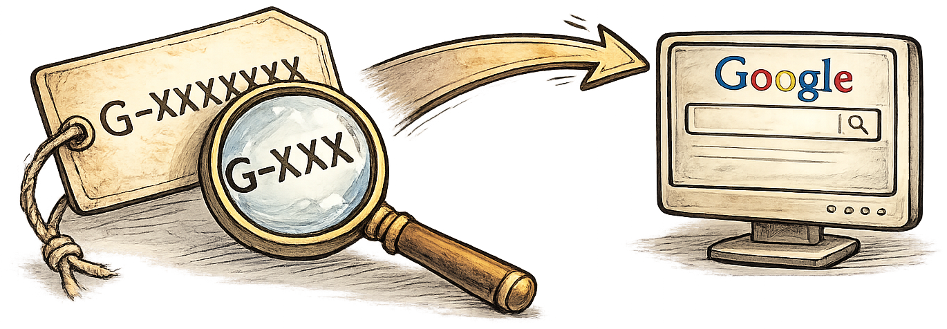 Magnifying glass illustration over a tag displaying a G-XXXXXXXXXX Google Analytics measurement ID