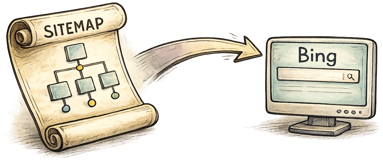 Illustration of a hierarchical sitemap scroll with an arrow pointing to a Bing search interface