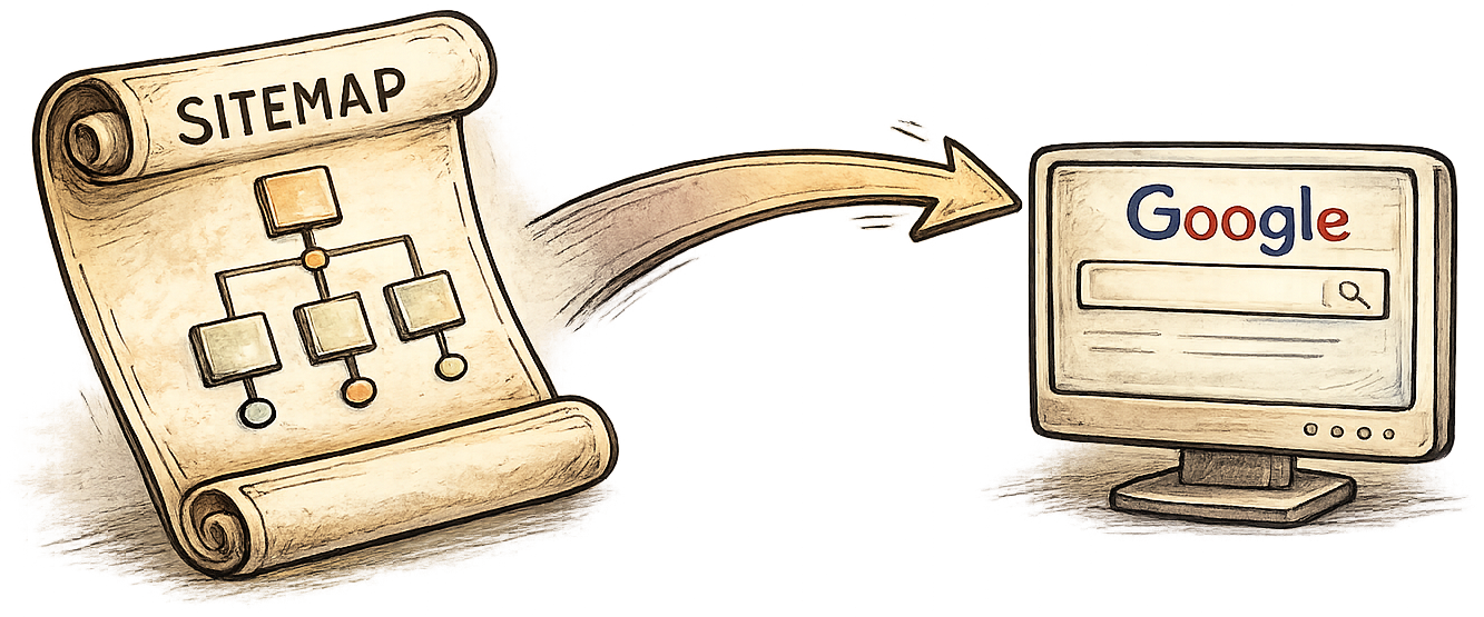 Illustration of a hierarchical sitemap scroll with an arrow pointing to a Google search interface