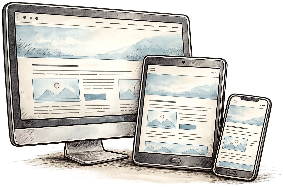 Watercolor illustration showing a desktop monitor, tablet, and phone displaying the same website