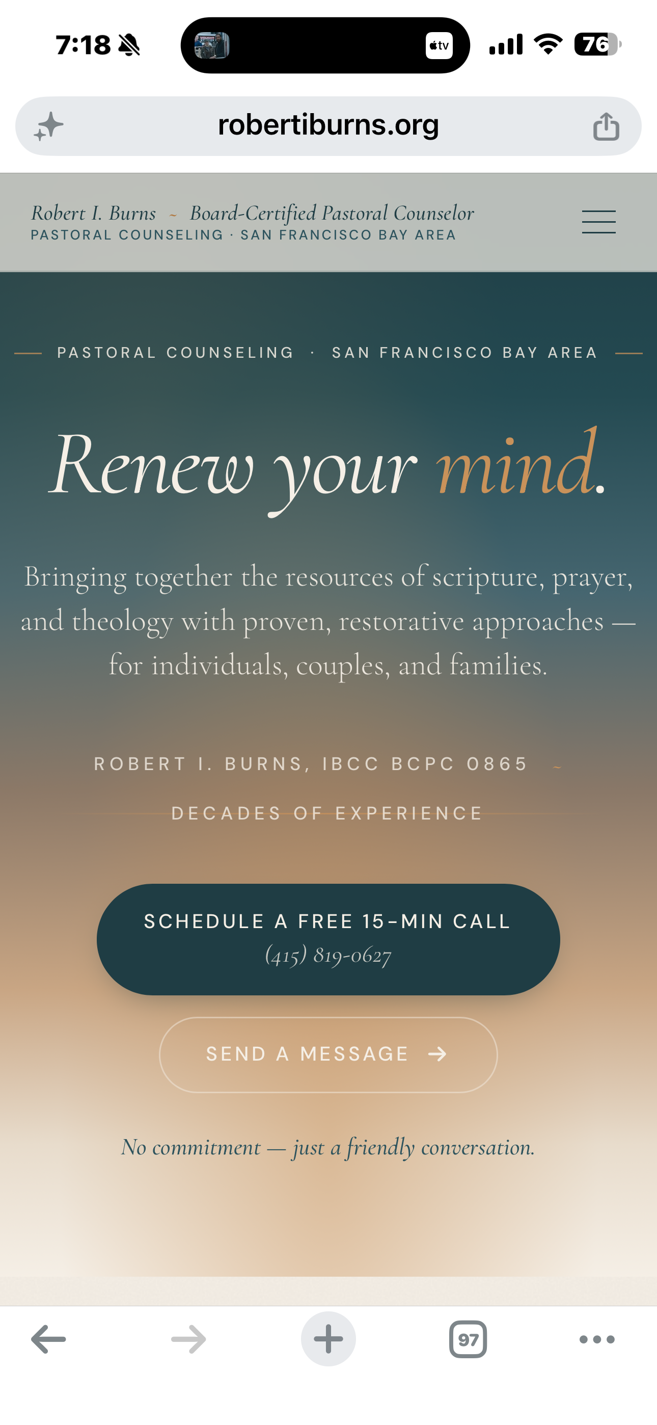 Robert I. Burns mobile homepage &mdash; Renew your mind.