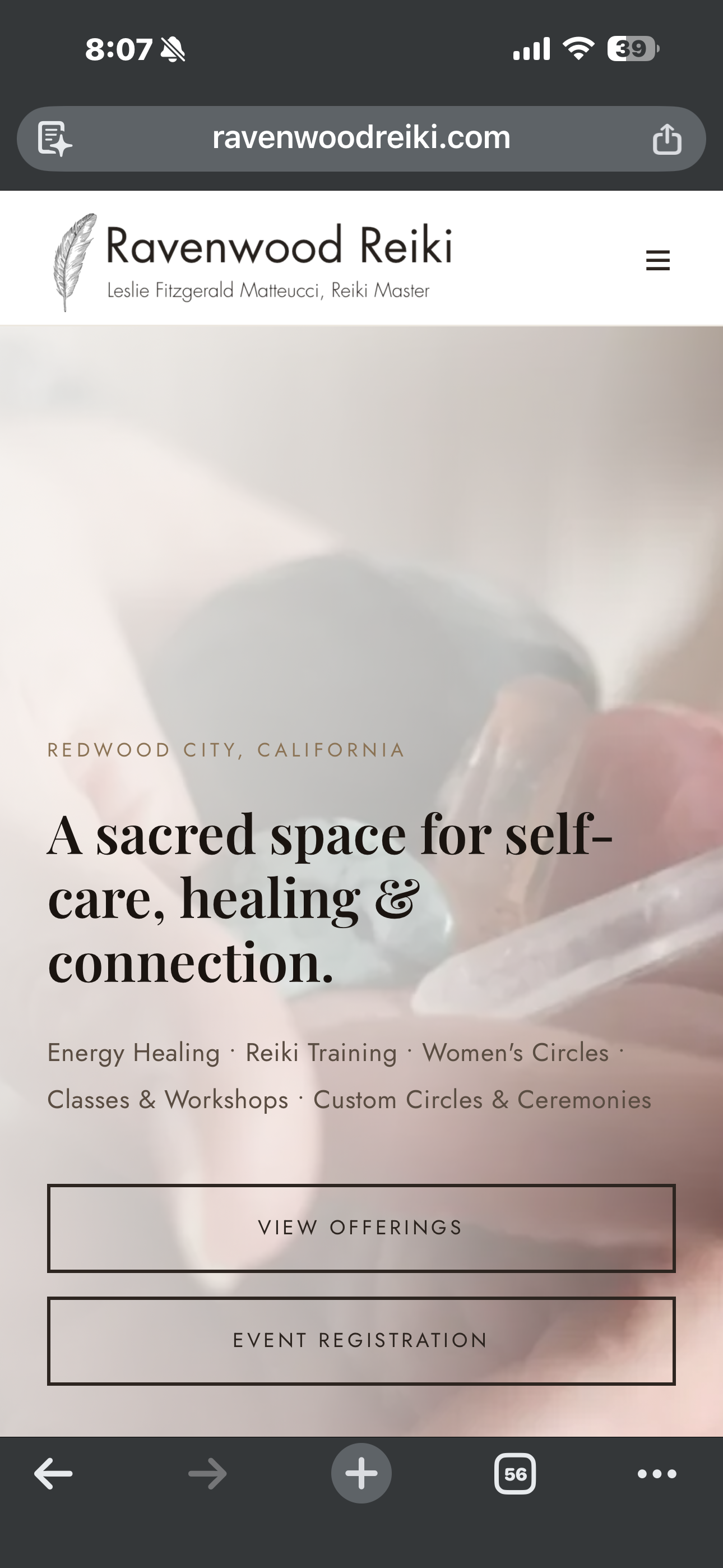 Ravenwood Reiki website on mobile, built by Idea Jar Web Design